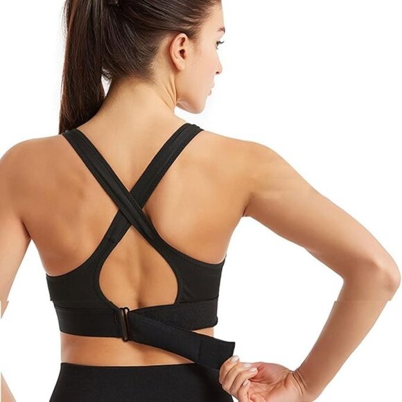 Black Front Closure Sports Bra With Adjustable Straps &Pads Size L Gymwear NWOT - Picture 2 of 8